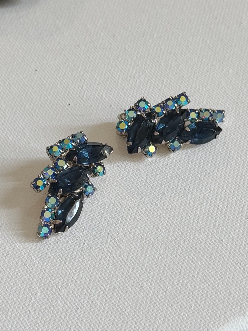 Vintage Signed Madeleine Blue AB Rhinestone Ear Climbers
